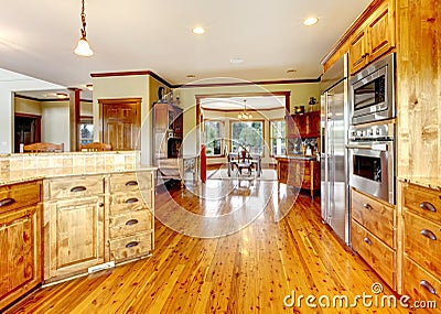 Wood luxury home kitchen interior. New Farm American home.