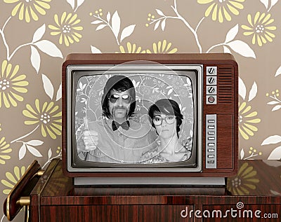 Wood old tv nerd silly couple retro man woman