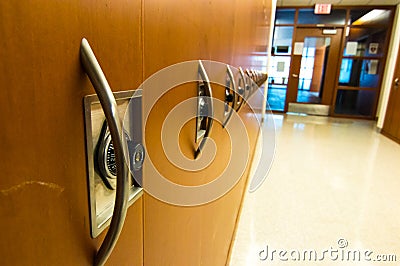 Wood paneled lockers in office building