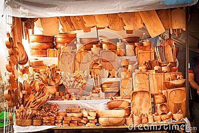 Wood traditional kitchen utensils street market store at Tepoztl