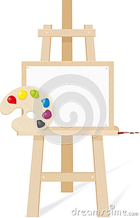 Wooden easel with a empty canvas, palette and brush.