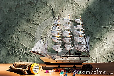 Wooden sail ship toy model with torch