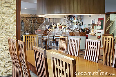 Wooden table in hall for beer taste in Ochakovo