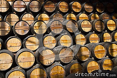 Wooden wine barrels on a cellar