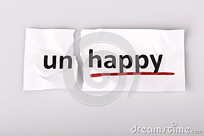 The word unhappy changed to happy on torn paper