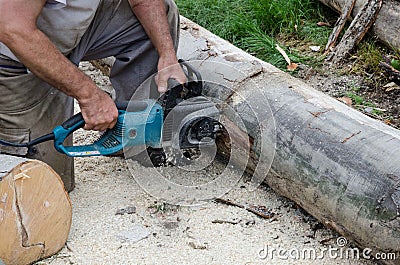 Worker with electric chainsaw