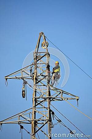Worker repairing aerial power lines