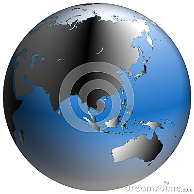 World Globe:Asia, with blue-shaded oceans