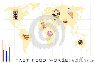 World Map with Fast Food and Sweet Food