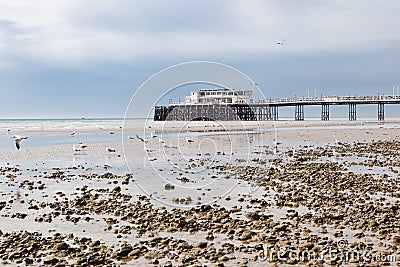 Worthing beach and pier in a cloudy day, low tide, England.