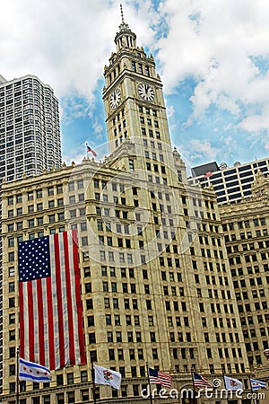 Wrigley building with American Flag
