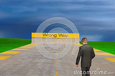 Wrong way sign with confused lost man