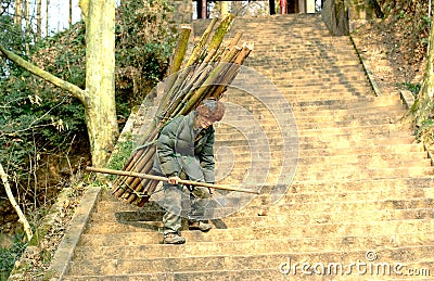 Yaan China-an old man Carrying firewood down