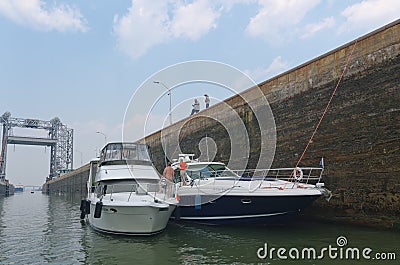 Yachts Moored side by side in St. Lambert Lock