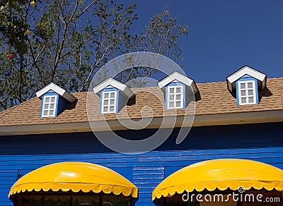 Yellow awning and blue window shop
