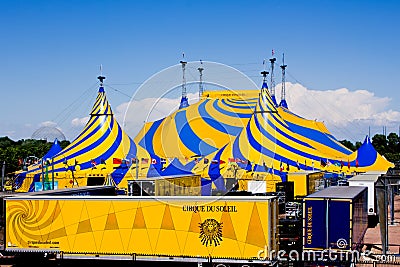 A yellow and blue circus tent.