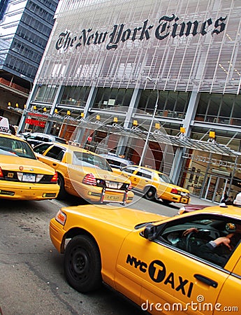 Yellow cabs outside the New York Times building