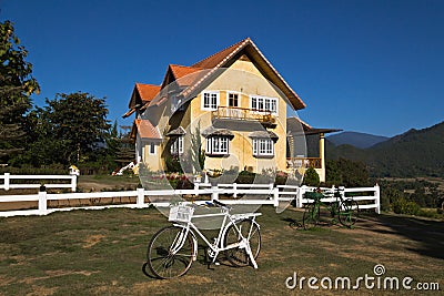 Yellow classic house on hill in pai district