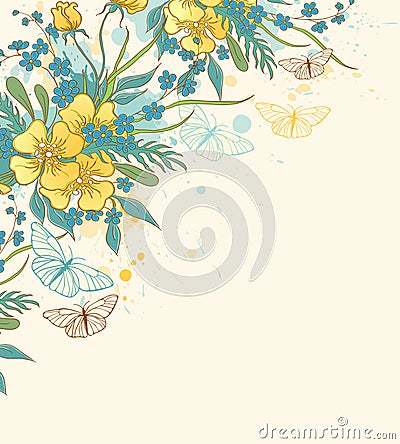 Yellow flowers and butterflies