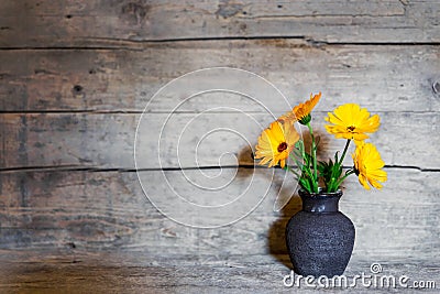 Yellow gerbera in a old vase on wooden background