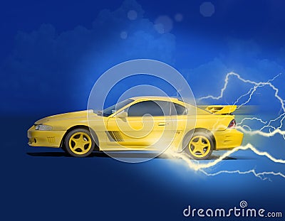 Yellow racing sports race car with lightning