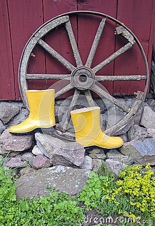 Yellow rubber boots near carriage wheel