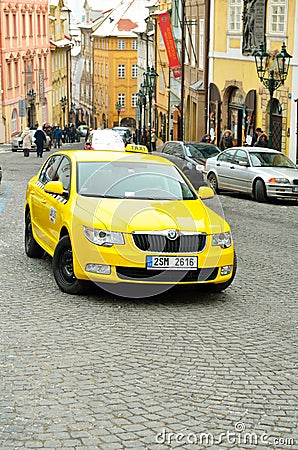 Yellow taxi car in Prague city