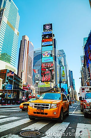 Yellow taxis at Times Square in New York City