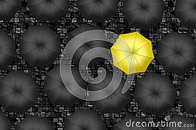 Yellow umbrella. Bright yellow umbrella among set of black umbre