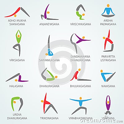 vector yoga pictures  names set physical with positions training  positions and names icons Yoga workout