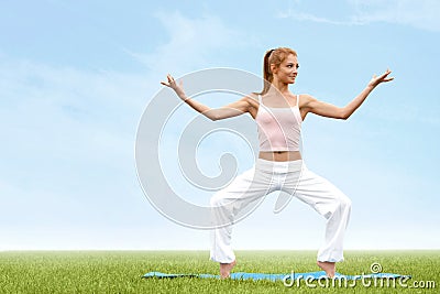 Yoga Woman. Young woman practicing morning meditation against na