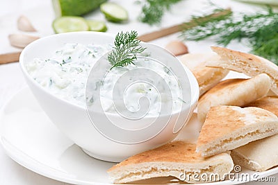 Yoghurt sauce tzatziki with pieces of pita bread, close-up