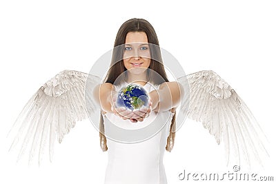 Young angel woman holding Earth in hands in white back