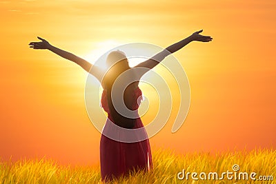 Young asian woman standing open her arms