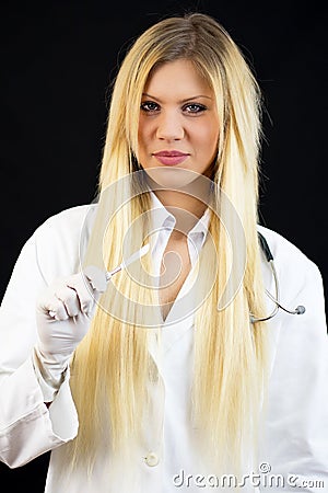 Young beautiful female doctor with stethoscope and surgery scalp