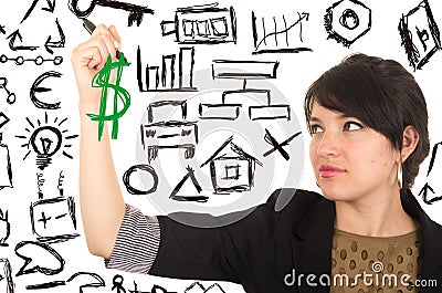 Young beautiful woman drawing money symbol with