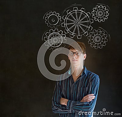 Man thinking with turning gear cogs or gears