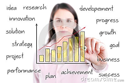 Young business woman writing growth graph with business related text.