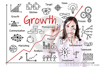 Young business woman writing growth graph. Isolated on white.