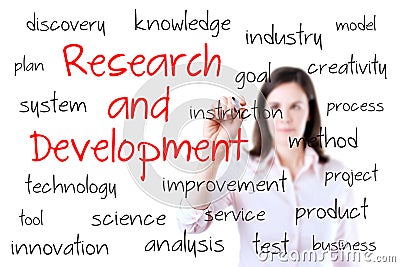 Young business woman writing research and development concept. Isolated on white.