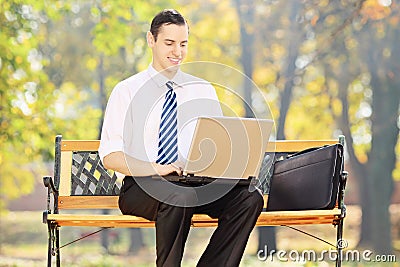 Young businessman sitting on bench and working on laptop in a pa