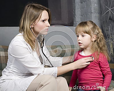 Young doctor with little girl patient feeling bad medical inspection with stethoscope