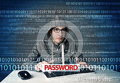 Young geek hacker stealing password