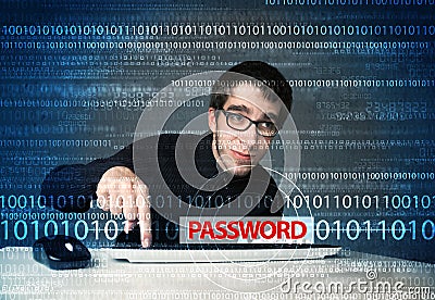 Young geek hacker stealing password