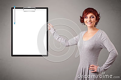 Young girl holding black folder with white sheet copy space