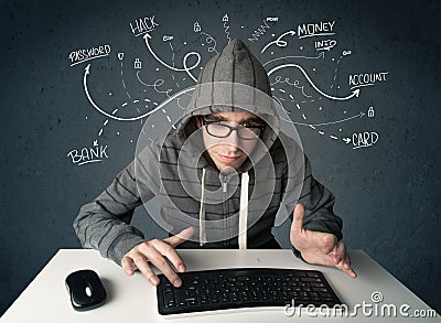 Young hacker with white drawn line thoughts