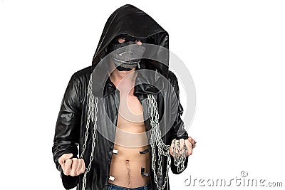 The young man dressed in hooded cloak with chain