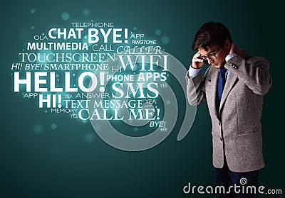 Young man making phone call with word cloud