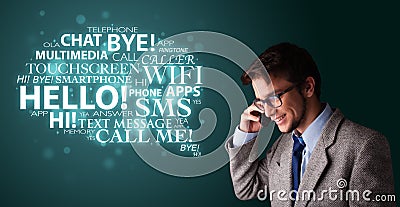 Young man making phone call with word cloud