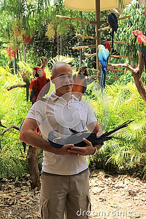 Young man posing with several exotic birds,Jungle Island,Miami,2014